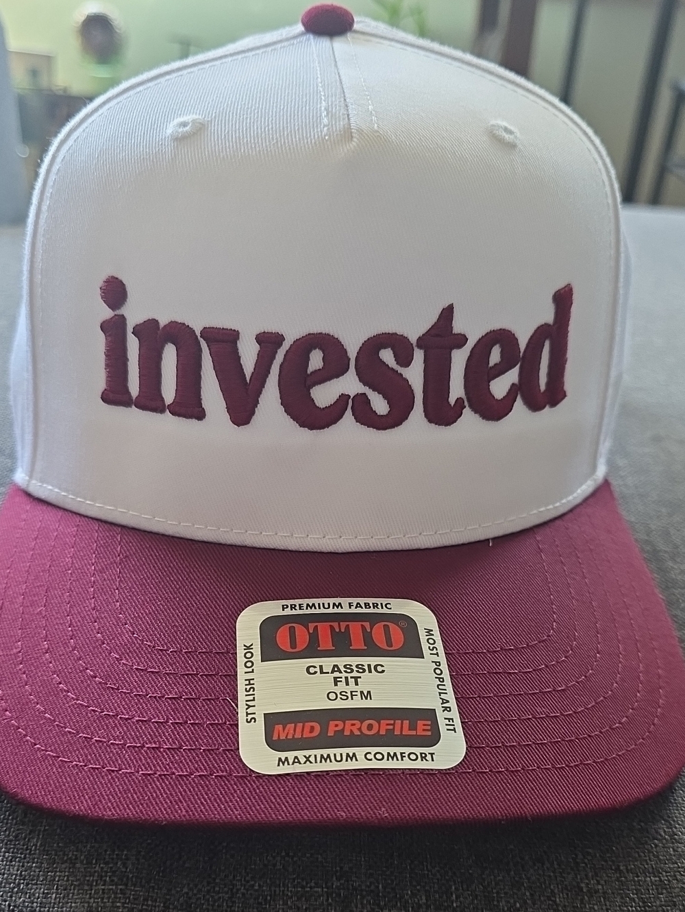 OTTO White & Burgundy 'Invested' Embroidered Cap, LOVERBOY